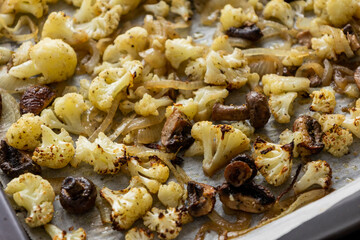 Roasted Cauliflower, Mushrooms, and Onion on Tray – Cozy Autumn Vegetables