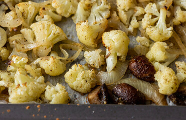 Roasted Cauliflower, Mushrooms, and Onion on Tray – Cozy Autumn Vegetables