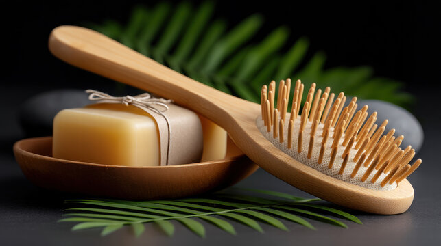 Eco friendly hair products for men and women include wooden hairbrush and natural soap bar for gentle care
