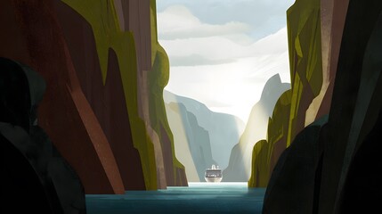 Majestic cruise ship sails through a serene Norwegian fjord dramatic landscape artwork travel adventure