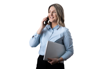 Businesswoman talking on phone holding laptop on transparent background