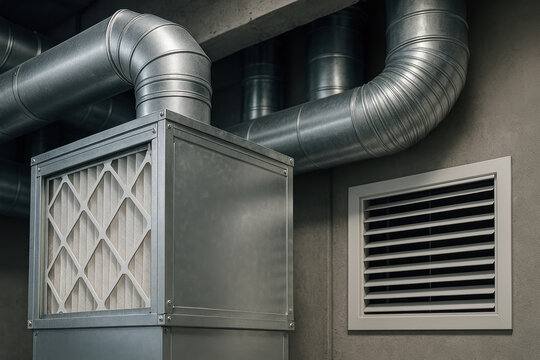 Ventilation air filter duct airflow ensure efficient mechanical ventilation and filtration in an industrial utility space featuring metal ductwork filter and louver