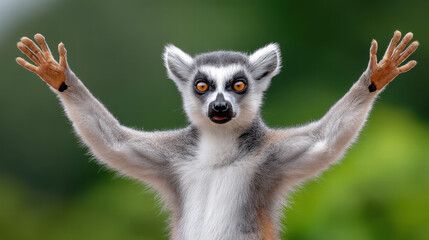 Obraz premium Lemur with emotional expression shows depth in wildlife with open arms and intense eyes in natural green background