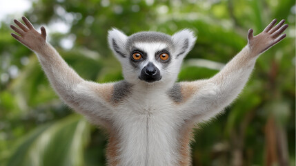 Obraz premium Emotional depth in wildlife is captured in this close up of lemur with outstretched arms against lush green background