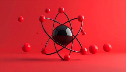 Stylized 3D Atomic Model with Red Electrons and Black Nucleus on Vibrant Red Background