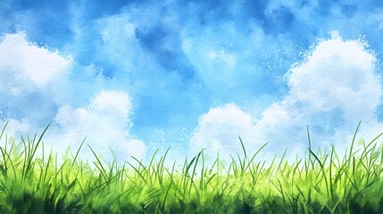 Vibrant green meadow grasses stretch beneath a bright blue sky dotted with fluffy white clouds in a watercolor style