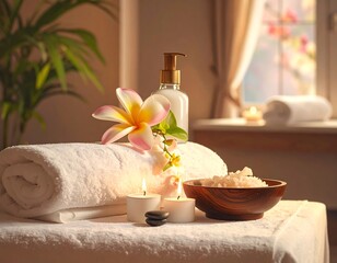 Tranquil spa setting with essential oils, flowers and candles creating a serene ambiance