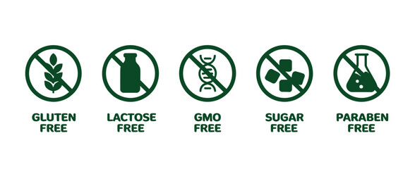 Five icons represent common dietary and ingredient restrictions: gluten-free, lactose-free, GMO-free, sugar-free, and paraben-free.