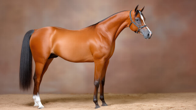 Beautiful brown horse shows emotional intelligence in animals with its calm and attentive posture in studio setting