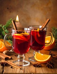 Two glasses of mulled wine with orange slices and cinnamon sticks on a rustic wooden table with a lit candle and fir branches.