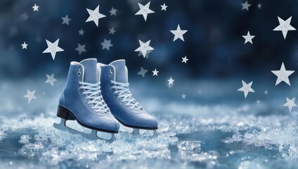 Ice Skates on Frozen Surface with Starry Night Backdrop.