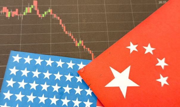 financial graph interface and world map on flag of China and blurry cityscape background, forex and investment concept. Multiexposure