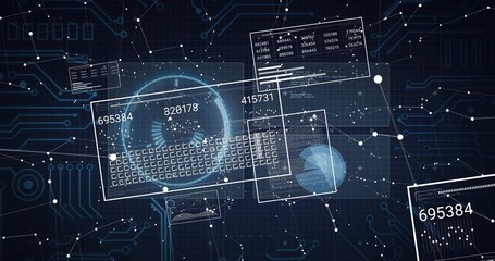 Showing cluster of clear HUD panels in digital UI, displaying numbers, key matrix, holographic ring