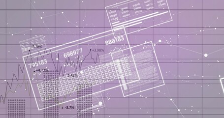 Displaying central translucent GUI windows showing line charts, numeric labels on purple grid