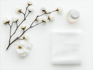 Overhead shot of white flowers, a small bottle, and a folded white towel on a white surface. The composition is minimalist and spa-themed.