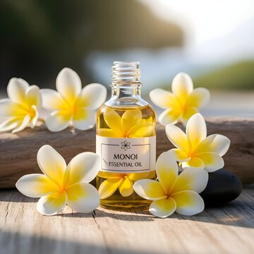 Radiant Monoi essential oil bottle gracefully placed amidst delicate tropical frangipani blossoms, evoking serene beauty and natural wellness