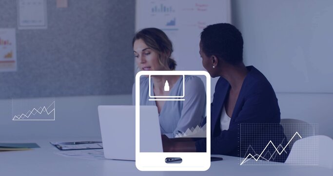 Discussing women in blazer and blouse using laptop at meeting room, with charts and phone overlay