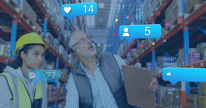 Inspecting warehouse associate, supervisor checking boxes in aisle, holding clipboard, AR overlays