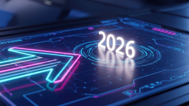 Futuristic digital display showing the year 2026 with a glowing neon arrow pointing forward