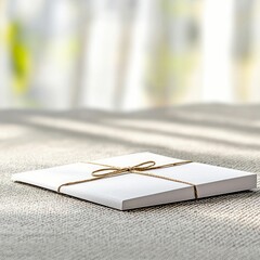 A white gift box tied with twine sits on a textured gray surface, with a blurred background of a window and natural light.