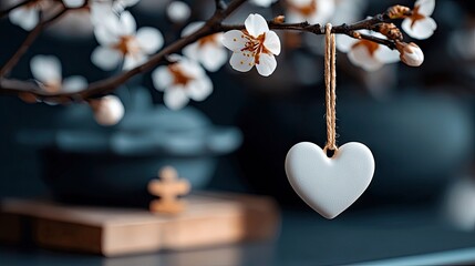 A white heart-shaped ornament hangs from a flowering branch against a dark, blurred background. The image evokes feelings of love and serenity.