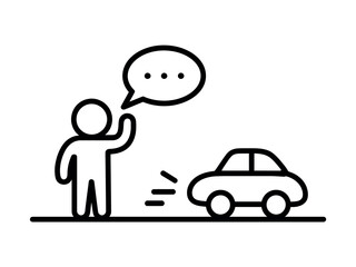 A person with a speech bubble signals to a car, indicating a need for transportation or communication.