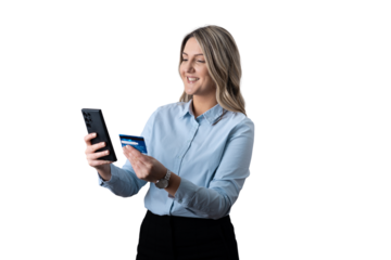 Woman smiling using phone for online payment