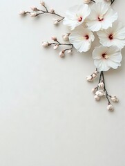 Close-up of white hibiscus flowers and buds on branches against a neutral background. The composition is minimalist with soft lighting.