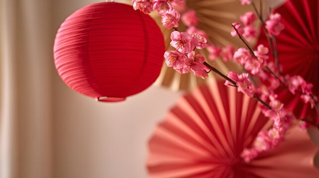 Festive Chinese New Year still life red lanterns paper fans cherry blossoms prosperity elegant seasonal decor