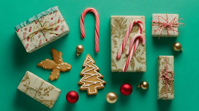 Festive Christmas flatlay of gifts cookies candy canes bright backdrop evokes holiday warmth and joyful seasonal spirit