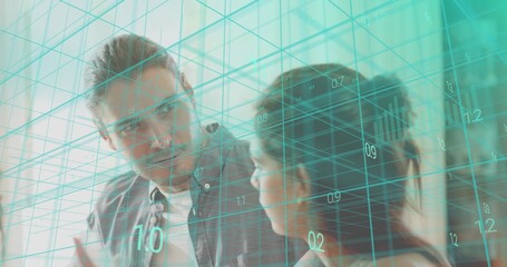 Discussing man wearing buttonup, woman in sleeveless top in office, cyan 3D grid with numbers