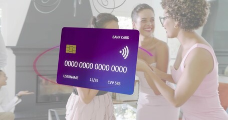 Displaying large purple bank card overlay covering center of residence, with guests wearing pastels