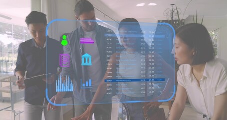 Leaning business casual team manipulating AR HUD over glass table in meeting area, holding tablet