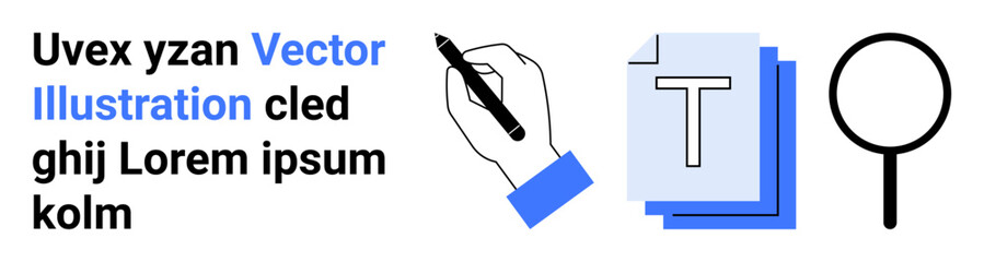 Education, content creation, document analysis, publishing, research, information retrieval. Hand holding a pen, multiple text documents and a magnifying glass. Content creation and document