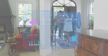 Naklejka premium Standing senior woman and three adults viewing AR financial dashboard in foyer near orange sofa