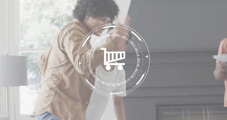 Playing four men wearing tan, white, salmon tops wrestling in living room with HUD overlay, papers