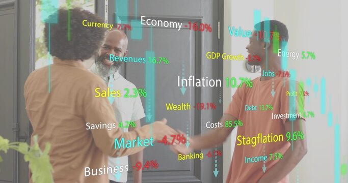 Shaking hands three men greeting at office foyer with glass door, plant, mask, finance charts