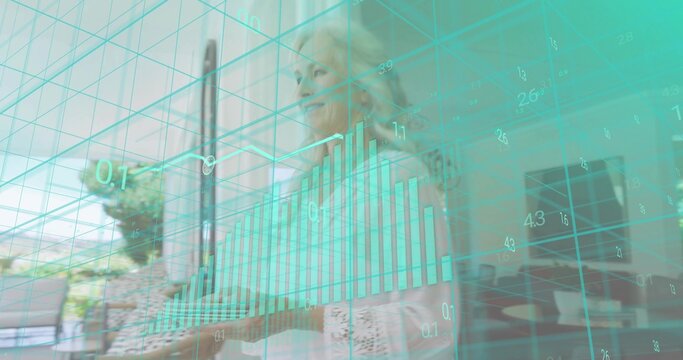 Sitting senior woman wearing knit lace cardigan near glass doors, with teal financial chart overlay - Powered by Adobe