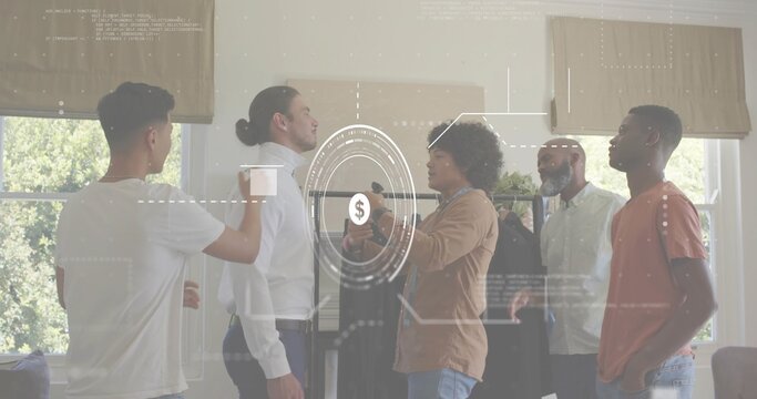 Filming five men adjusting shirt with measuring tool in living room, clothing rack and HUD graphics - Powered by Adobe