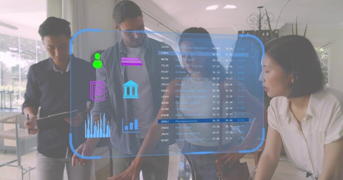 Leaning business casual team manipulating AR HUD over glass table in meeting area, holding tablet - Powered by Adobe
