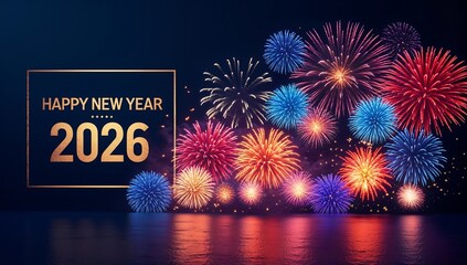 Happy new year 2026 with fireworks display against a dark blue background