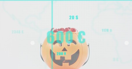 Showing orange jack-o-lantern bucket holding red candy in studio with metal handle, cyan numerics