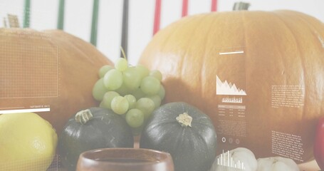 Showing centered autumn produce on tabletop with pumpkins, grapes, squashes, lemon and overlays © vectorfusionart