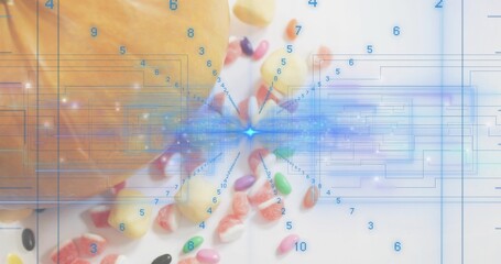 Showing partial peach on white table, candies, blue circuits, starburst digits, copy space © vectorfusionart