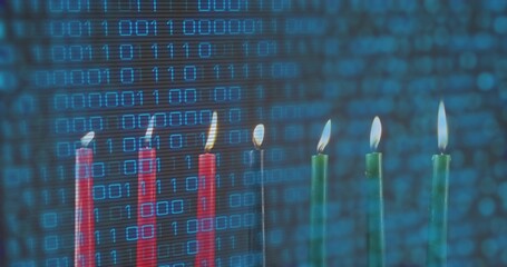 Displaying row of seven taper candles flickering on tabletop, showing wax drips and binary digits