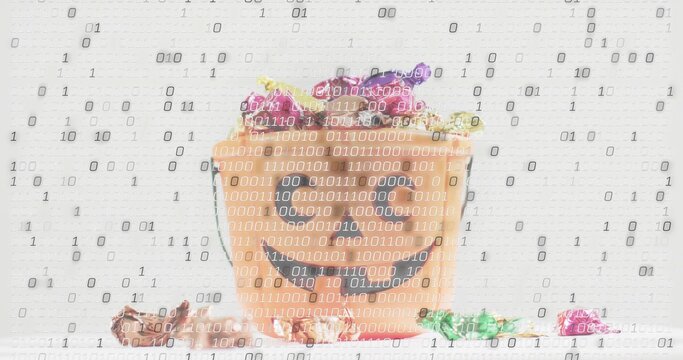 Sitting smiling pumpkin bucket spilling colorful foil candies on white backdrop, binary overlay
