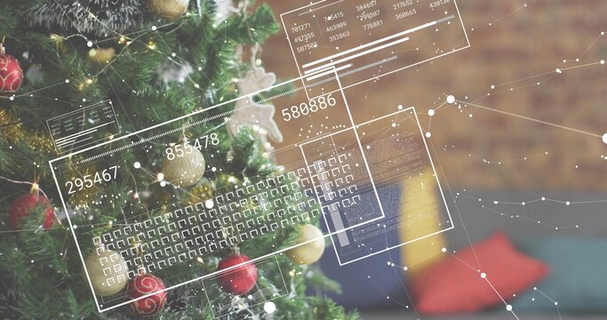 Displaying decorated evergreen tree glowing with red and gold baubles in living room, HUD overlays