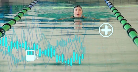 Facing swimmer wearing dark cap and goggles at lap pool, showing green ropes and analytics overlay