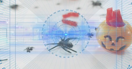 Targeting central black spider, projecting HUD rings on pale table with orange pumpkin and spiders © vectorfusionart