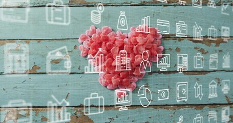 Showing heart-shaped candy cluster sitting on worn turquoise planks, with business icons overlay